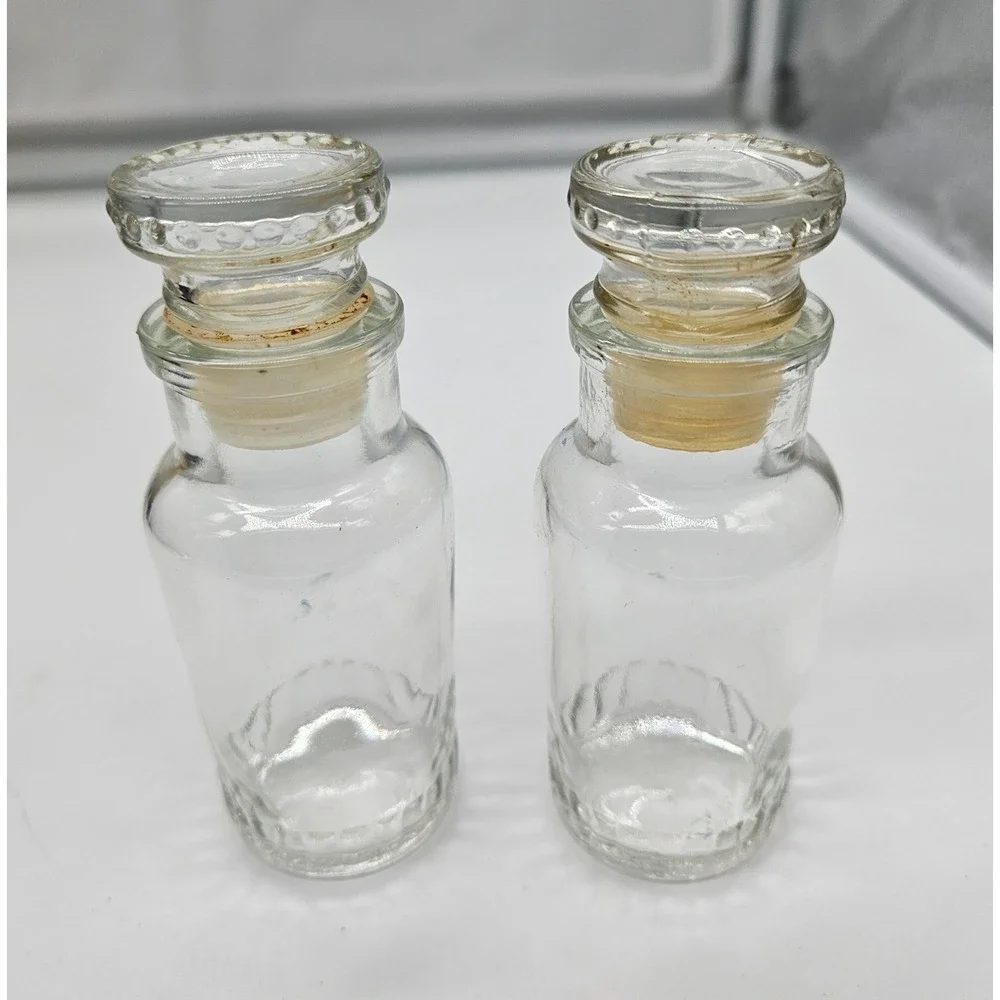 Vintage Made in Japan Clear Glass Apothecary Spice Bottles Beaded Stopper Set 2